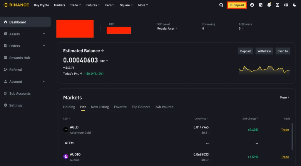 Step 1. Initiate a Deposit on Binance Exchange