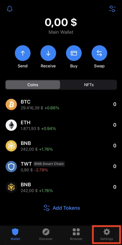 Step 1. Open Trust Wallet and Go to Settings 