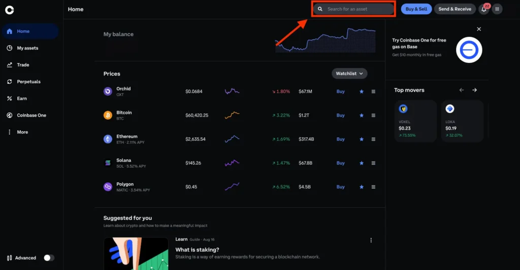 Schritt 1. Melden Sie sich bei Ihrem Coinbase-Konto an und suchen Sie die Kryptowährung
