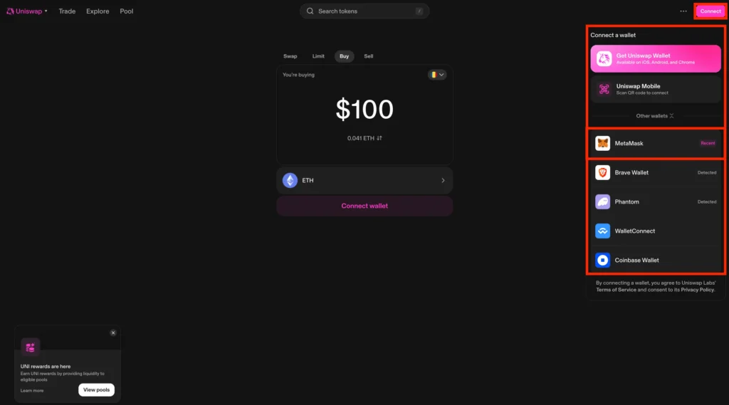 Step 1. Open the Official Uniswap Website or App and Hit "Connect"