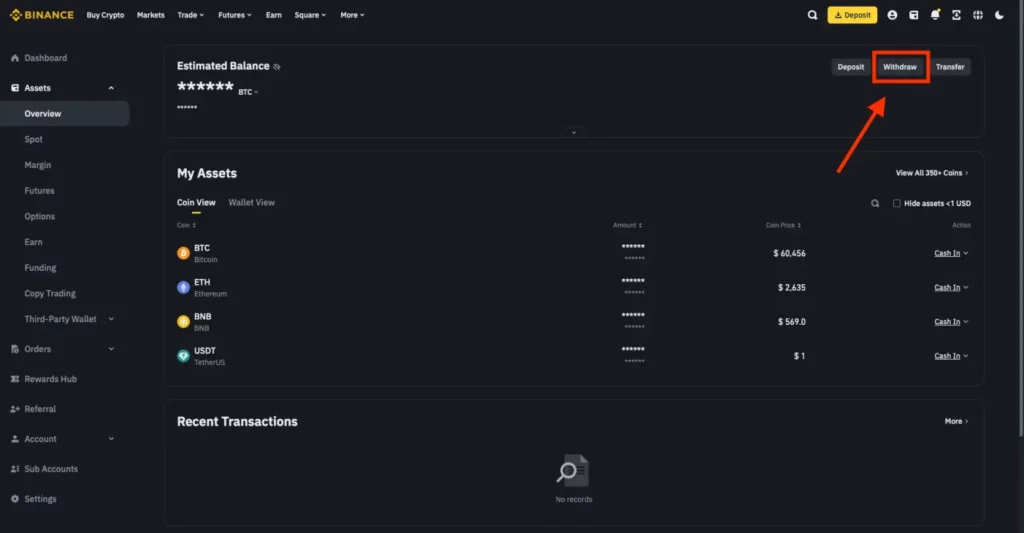 Schritt 3. Zugriff auf Binance Wallet und Vorbereitung der Abhebung