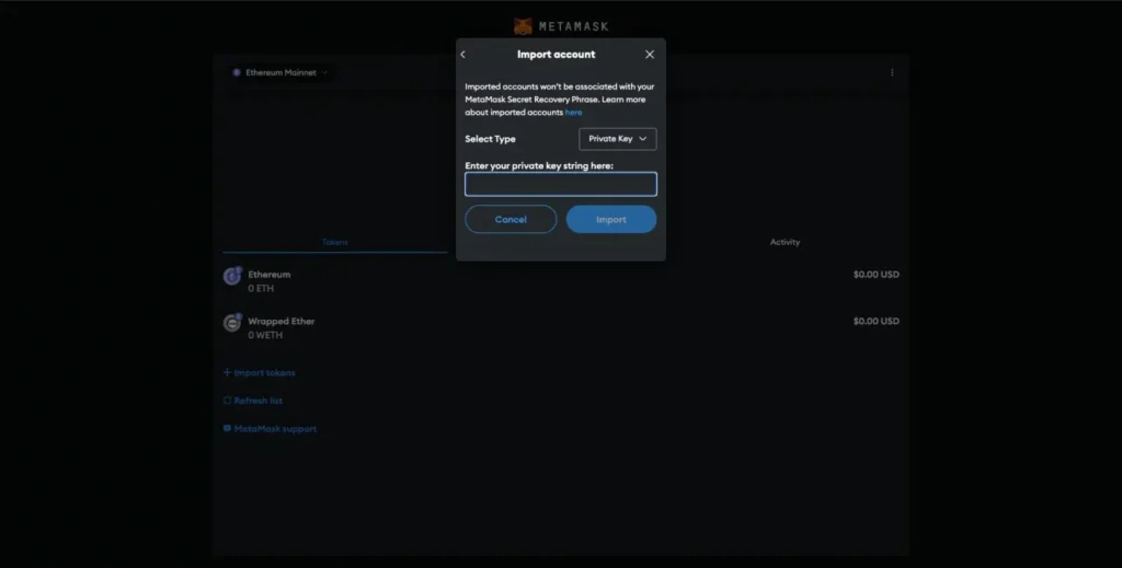 Step 4: Go to Metamask and Import the Wallet