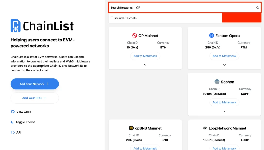 1. Gehen Sie zu ChainList, klicken Sie auf "Wallet verbinden", wählen Sie Ihr MetaMask-Konto und bestätigen Sie die Verbindung. Suchen Sie dann nach dem gewünschten Netzwerk.