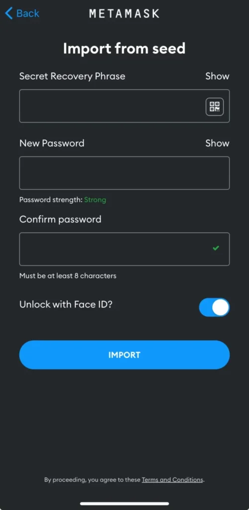 Step 5: Paste the Secret Recovery Phrase into MetaMask