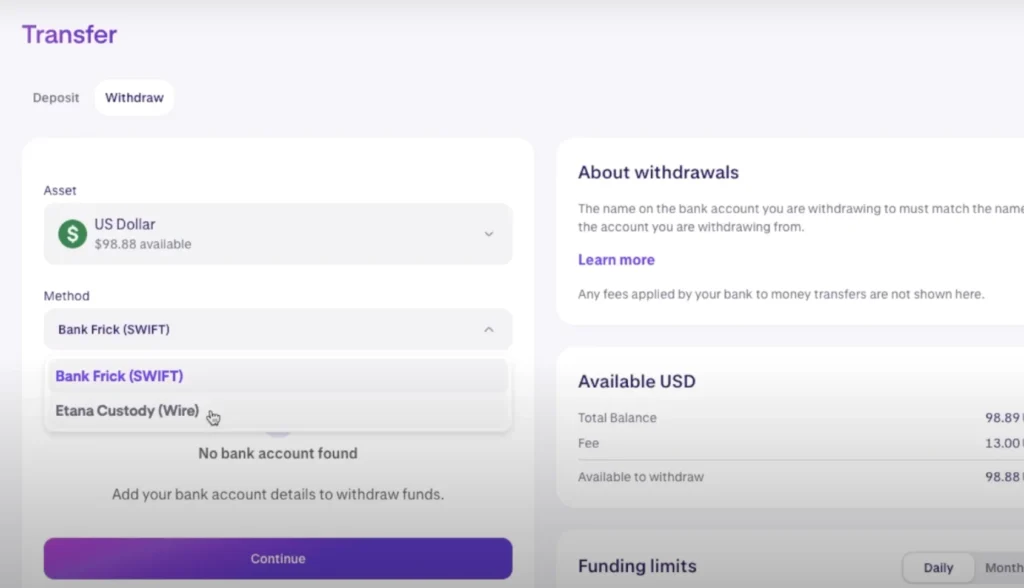 Select your withdrawal method 