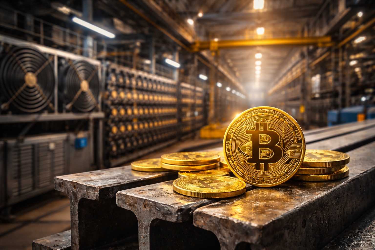 Best crypto mining hosting provider in UAE featuring Bitcoin coins and ASIC mining equipment in an industrial data center