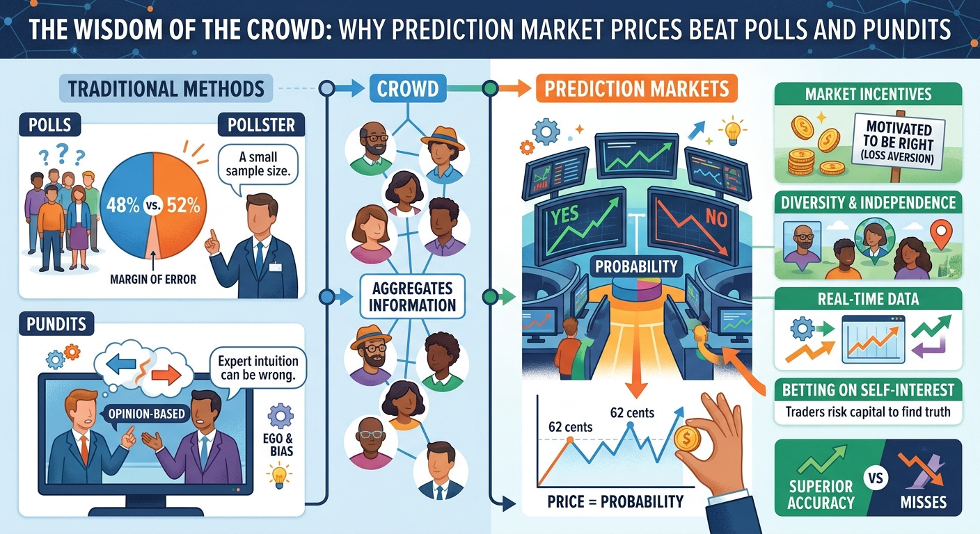 Prediction markets vs polls and pundits showing how crowd wisdom real-time data and market incentives improve prediction market accuracy