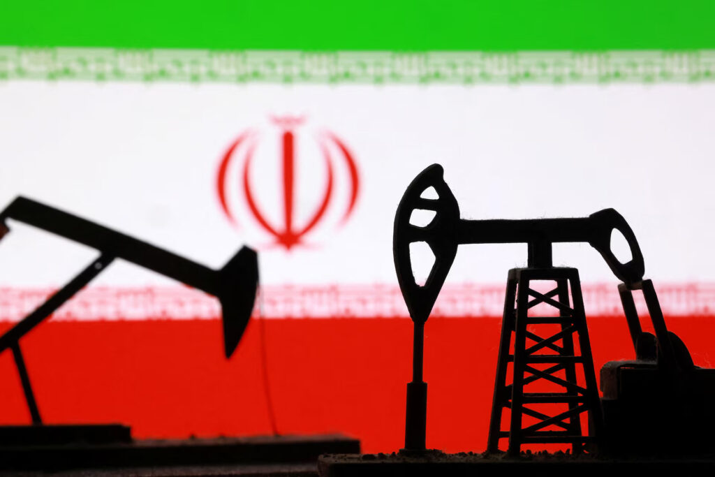 Iran flag with oil refinery equipment