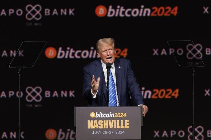 Trump speaking at a bitcoin price event