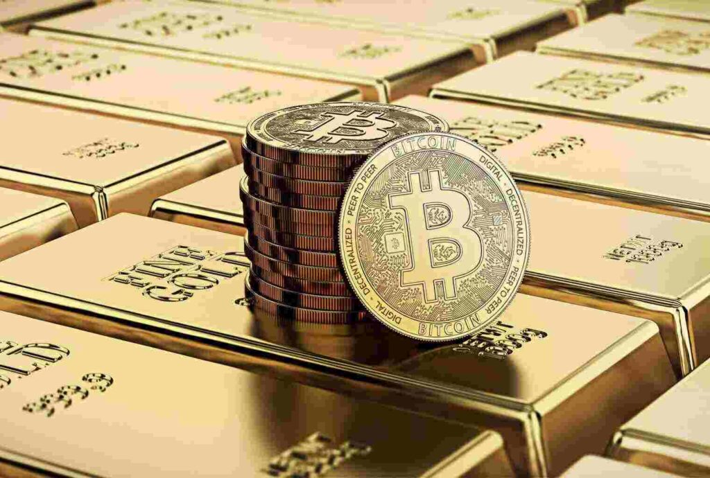 Bitcoin and gold coins represent the Bitcoin gold relationship, Arthur Hayes, Bitcoin $1M target, Bitcoin price prediction, and BTC market outlook.