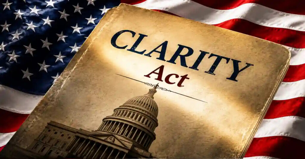 CLARITY Act document with US flag representing US crypto regulation Trump crypto holdings Cynthia Lummis and the crypto market