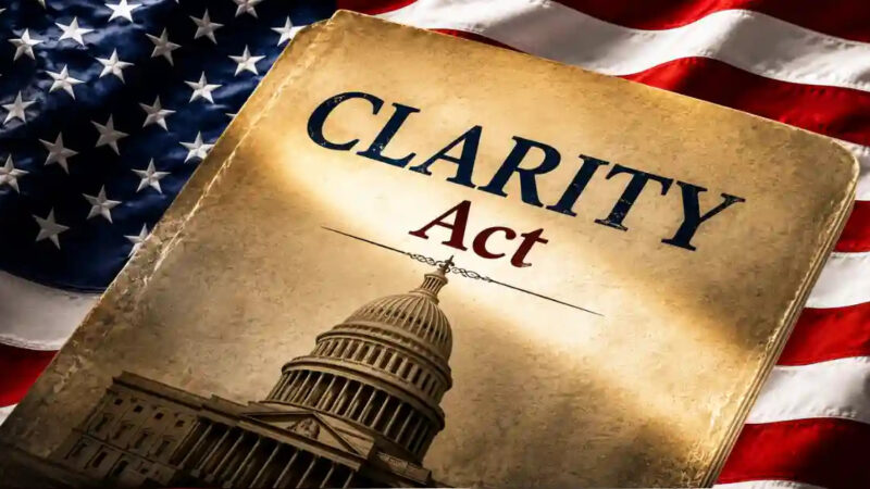 CLARITY Act document with US flag representing US crypto regulation Trump crypto holdings Cynthia Lummis and the crypto market