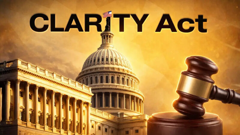 CLARITY Act image showing US Congress and Capitol with gavel representing DeFi rules ethics clause and crypto regulation amid Democrats debate