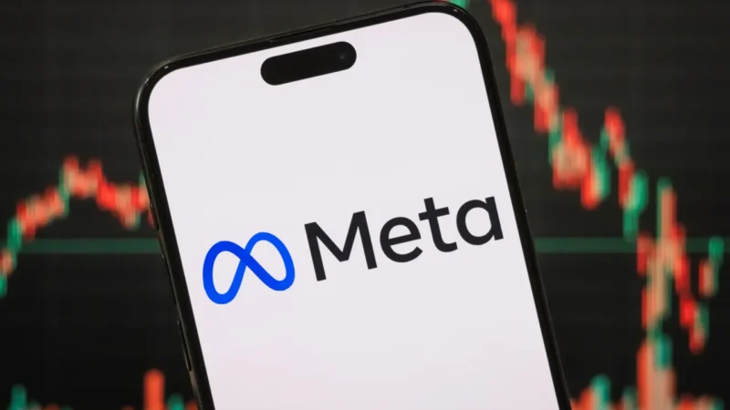 Meta Stock image showing Meta logo on a smartphone with stock chart representing Muse AI Meta AI Spending Meta Advertising Business and AI Investment