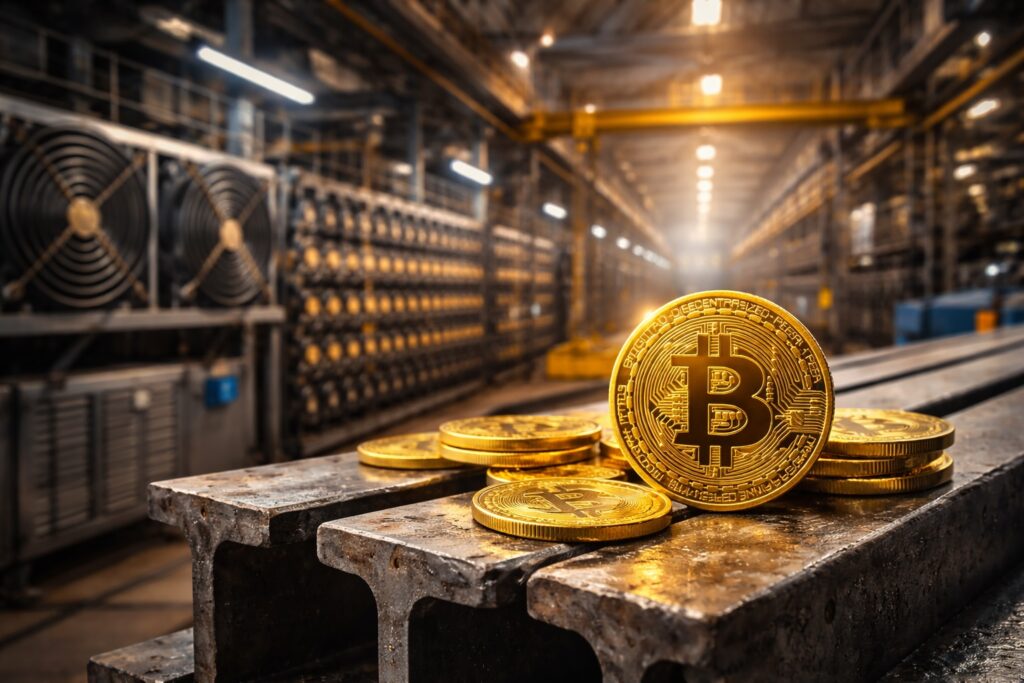 Best crypto mining hosting provider in UAE featuring Bitcoin coins and ASIC mining equipment in an industrial data center