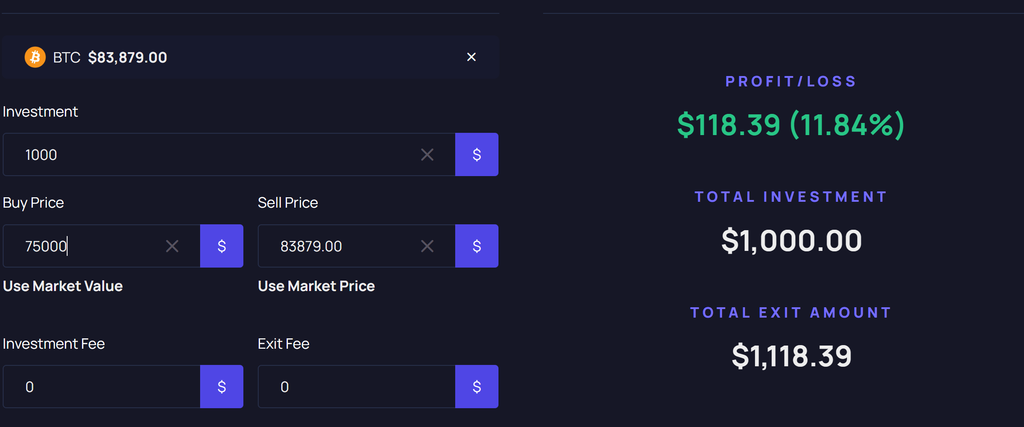 Bitcoin price recovery and Bitcoin Uptober outlook compared with the Bitcoin 2023 rally, featuring the MarketCapOf Bitcoin profit calculator showing a hypothetical $1,000 investment growing to $1,118.39 as Bitcoin rises from $75,000 in May 2026 to $83,879.