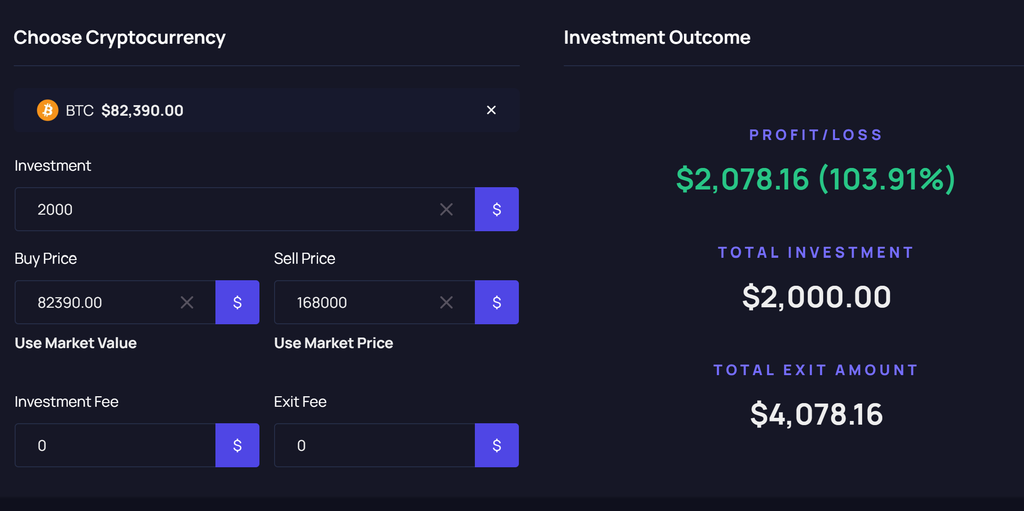Bitcoin price calculator showing potential returns from a Bitcoin rally based on a Bitcoin prediction, Bitcoin ETF trends, and BTC recovery.