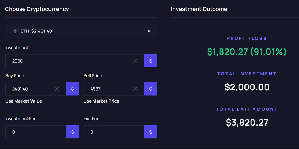 Ethereum price calculator showing potential returns at an Ethereum target of $4,587 amid the Ethereum Glamsterdam Upgrade delay and Bitcoin and Ethereum market volatility.
