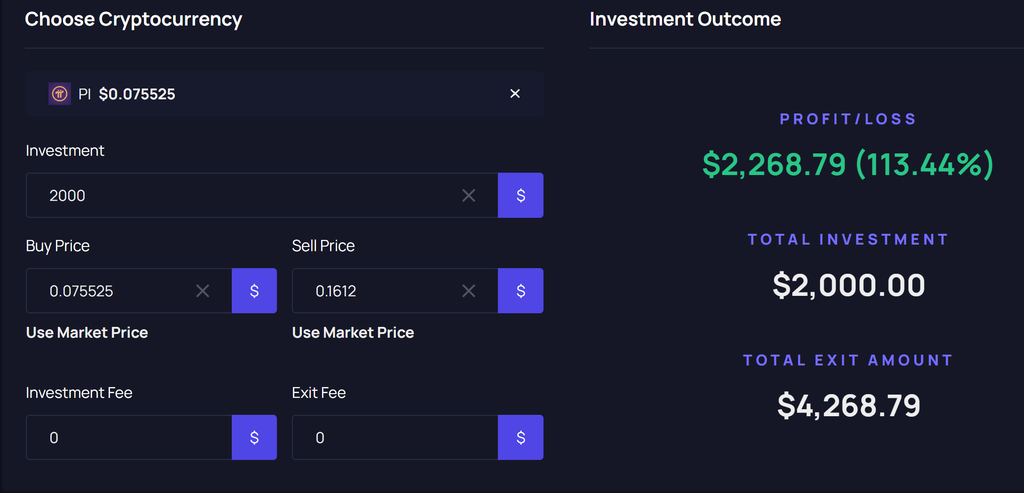 Pi price calculator showing a potential 113.44% return on a $2,000 investment if Pi Network's PI token rises to $0.1612, following the Pi Desktop update and Pi Browser remote access improvements.