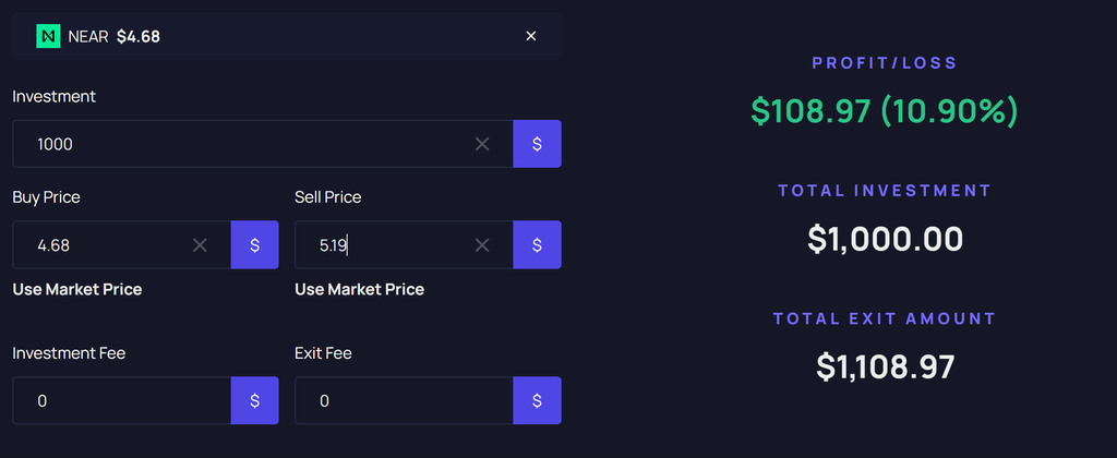 MCO calculator showing a hypothetical $1,000 investment in NEAR Protocol at $4.68, with a target sell price of $5.19 and a potential profit of $108.97 (10.90%), in the context of the Anthropic IPO filing, NEAR Protocol Anthropic futures launch, and ANT perpetual futures trading.