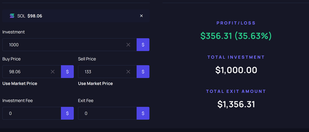 MCO ROI calculator showing a $1,000 investment in Solana (SOL) at a buy price of $98.06 and a sell price of $133, generating a $356.31 profit or 35.63% return. The calculation highlights Solana's performance in the Tokenized Stocks market and growing interest in SpaceX stocks, Tesla stocks, and blockchain-based equities.