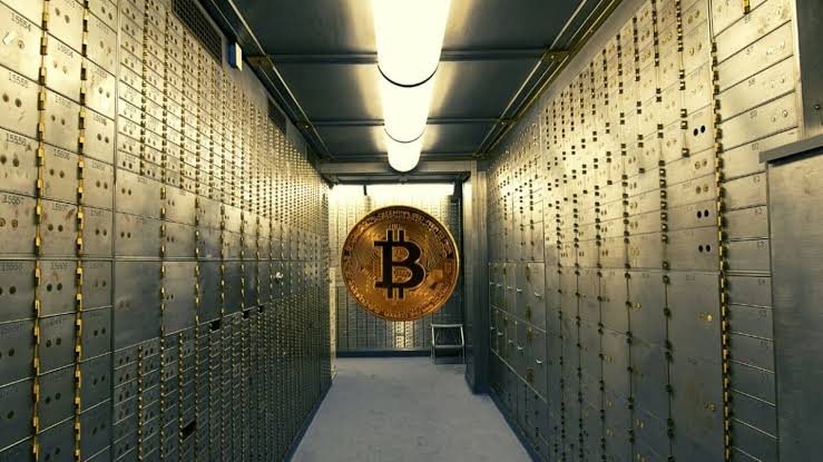 Crypto Vaults representing DeFi lending risks, digital asset lending, vault returns, and DeFi regulation with a Bitcoin symbol inside a secure vault room