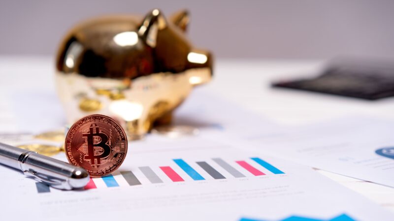 Bitcoin crypto adoption and crypto investment represented by Bitcoin coin on financial charts with wealthy crypto investors and institutional crypto demand